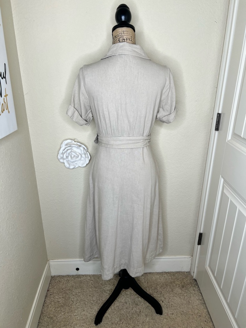 NTM Tahari Linen Blend Shirt Dress Belted Button Front Taupe XS Midi Pockets - Picture 11 of 16